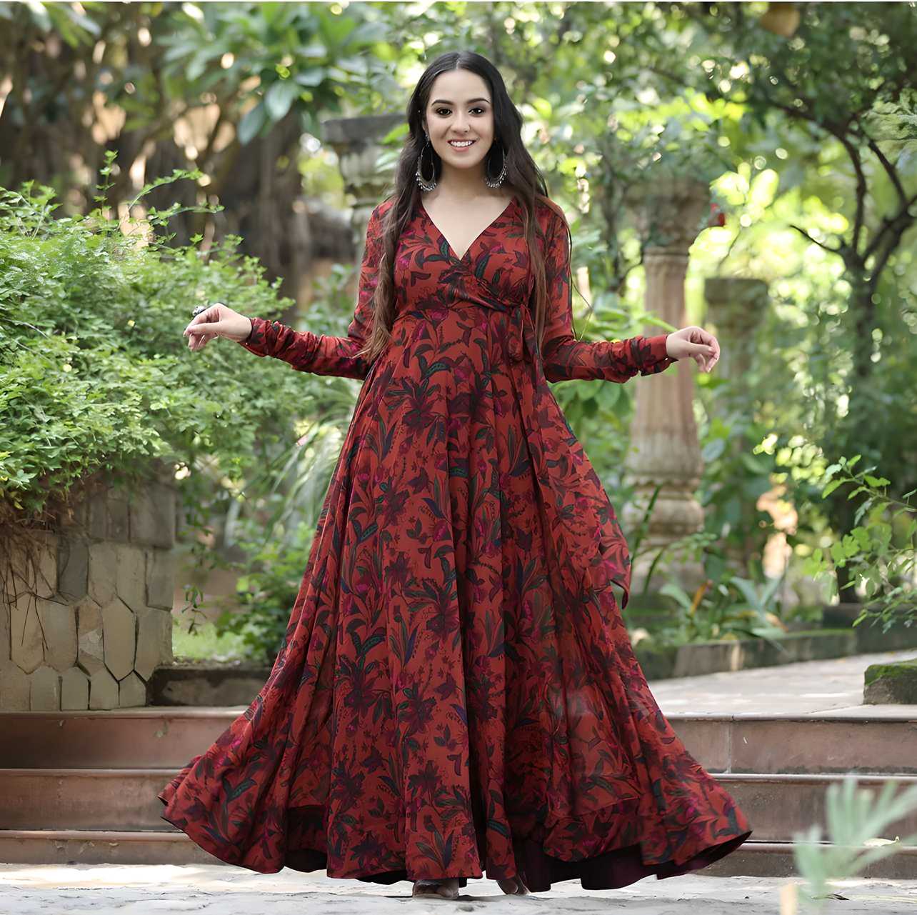 Womans Georgette Floral Print Flared Gown